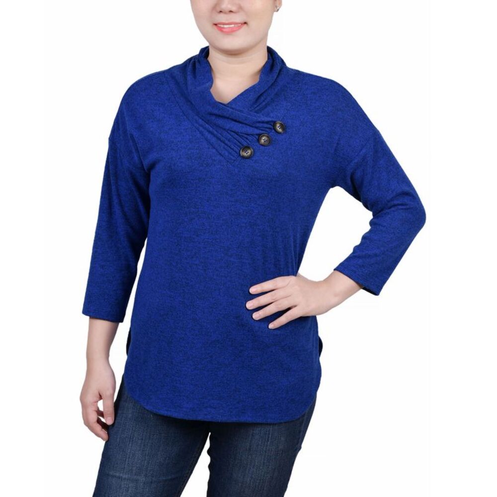 NY Collection Petite 3/4 Sleeve Crossover Cowl Neck Top